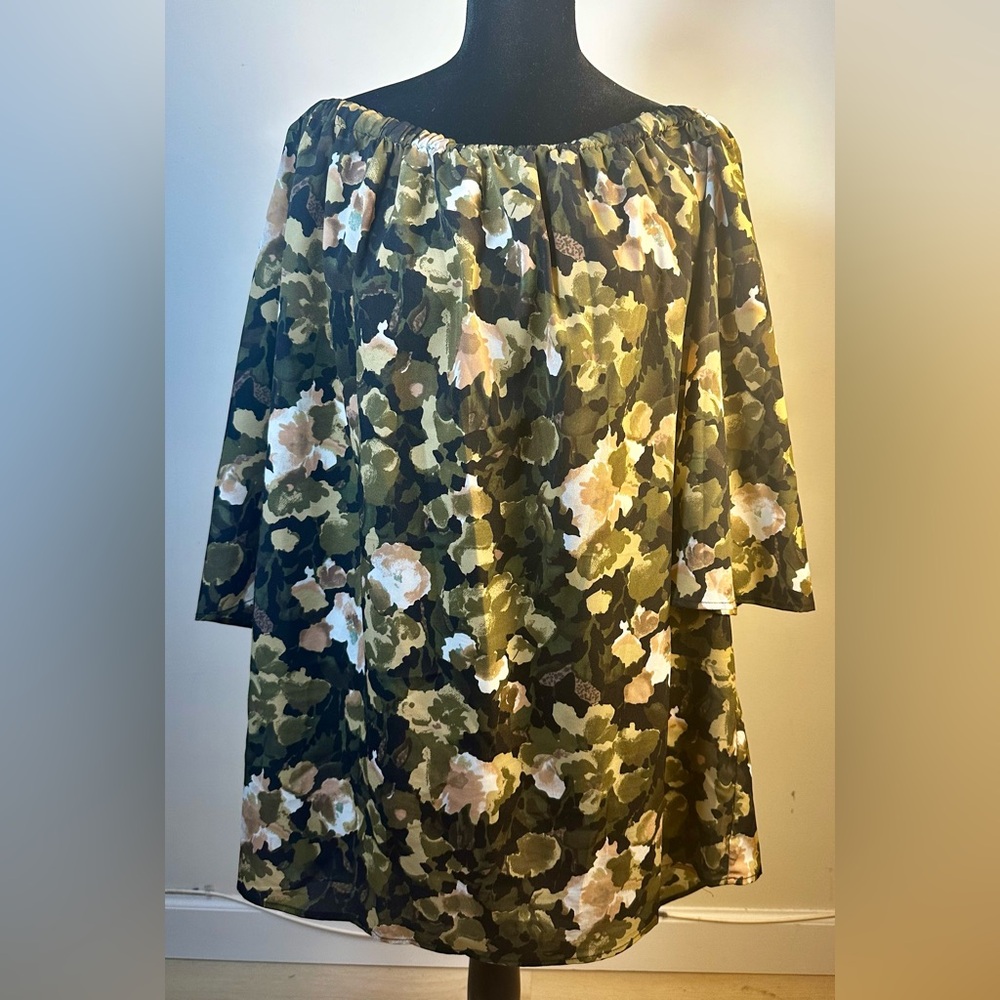 FRENCH CONNECTION Women's Olive Floral Off The Shoulder Shift Dress Size Medium